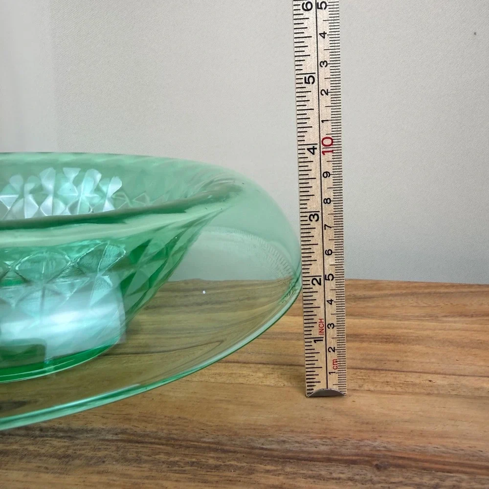 Imperial Glass Flat Diamond Green Uranium Glass Console Bowl Rolled Rim Vintage